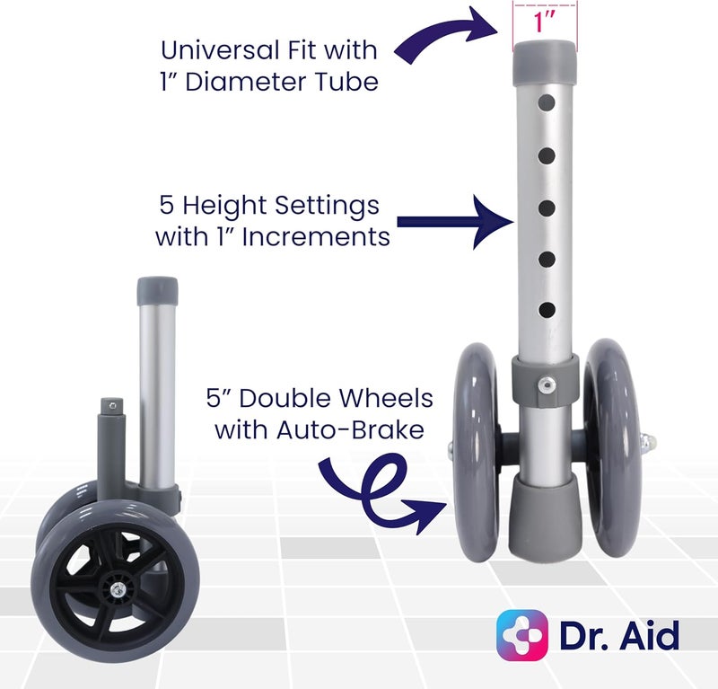 Dr. Aid Premium Auto Brake Walker Wheels – Replacement Wheel for Walkers, 5" Double Wheels with 5 Height Adjustments – Easy Installation, Pack of 2 - Image 5